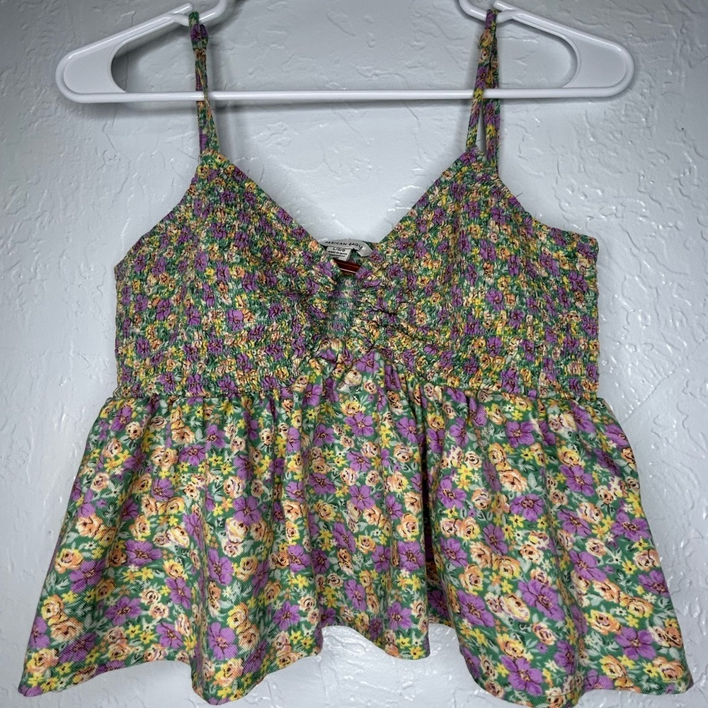 American Eagle Women's Floral Blouse with Ring Detail Size L, prairie, Peplum